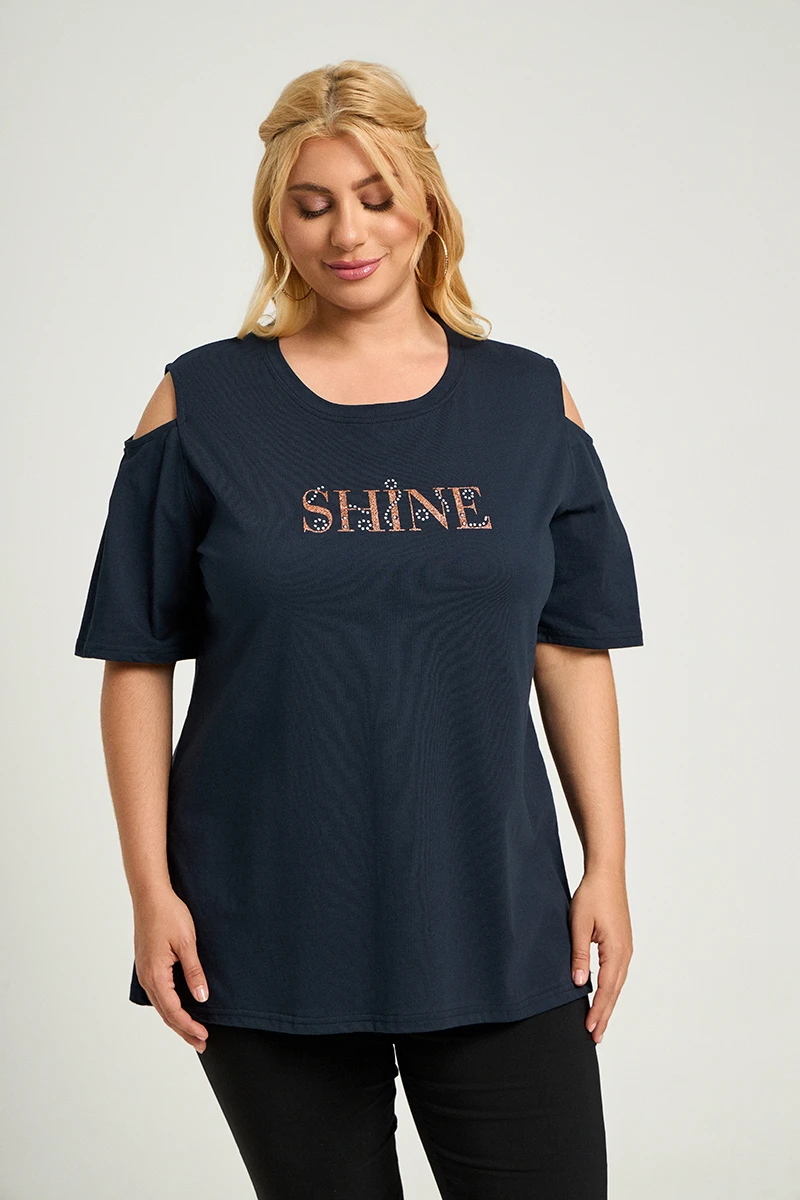 Blue Navy T-Shirt “Shine” με Ανοιχτούς Ώμους