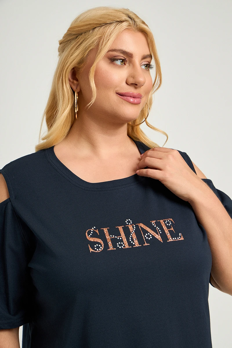 Blue Navy T-Shirt “Shine” με Ανοιχτούς Ώμους