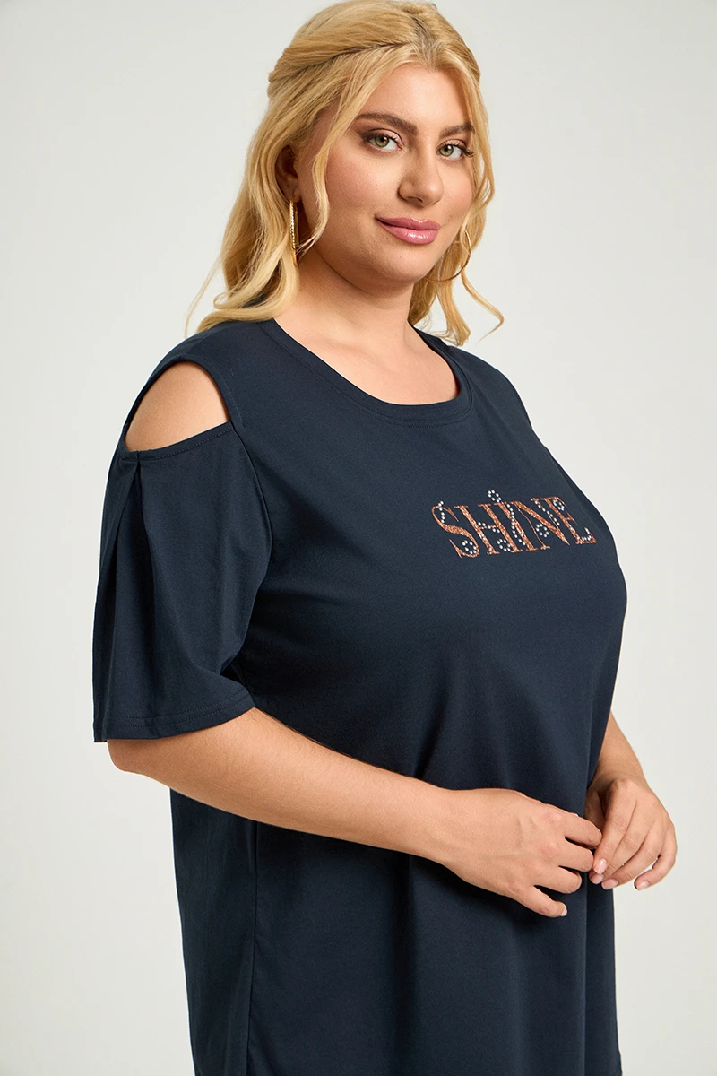Blue Navy T-Shirt “Shine” με Ανοιχτούς Ώμους