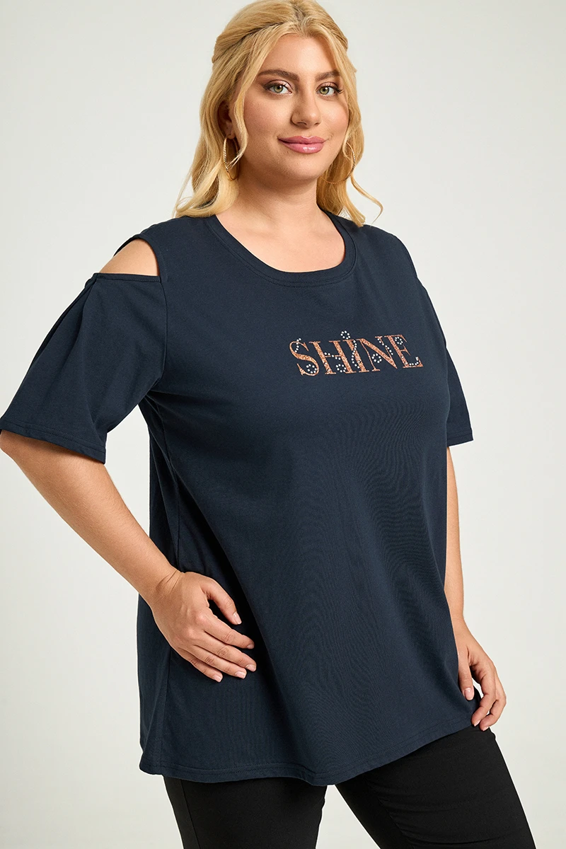 Blue Navy T-Shirt “Shine” με Ανοιχτούς Ώμους