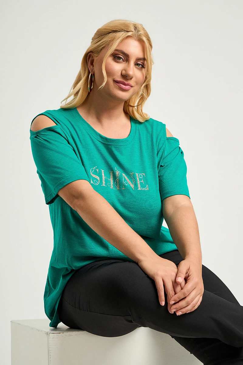 Πράσινο T-Shirt “Shine” με Ανοιχτούς Ώμους