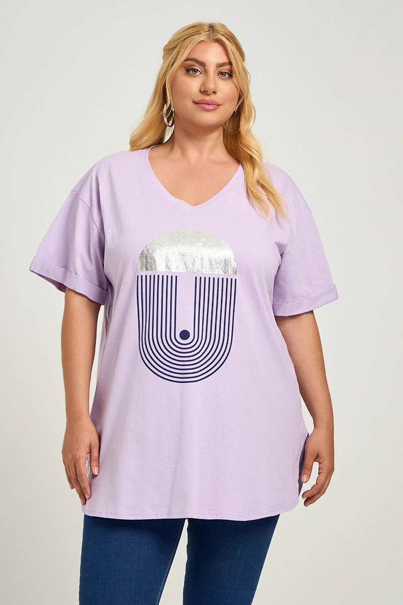 Λιλά Plus Size T-Shirt Με Στάμπα 
