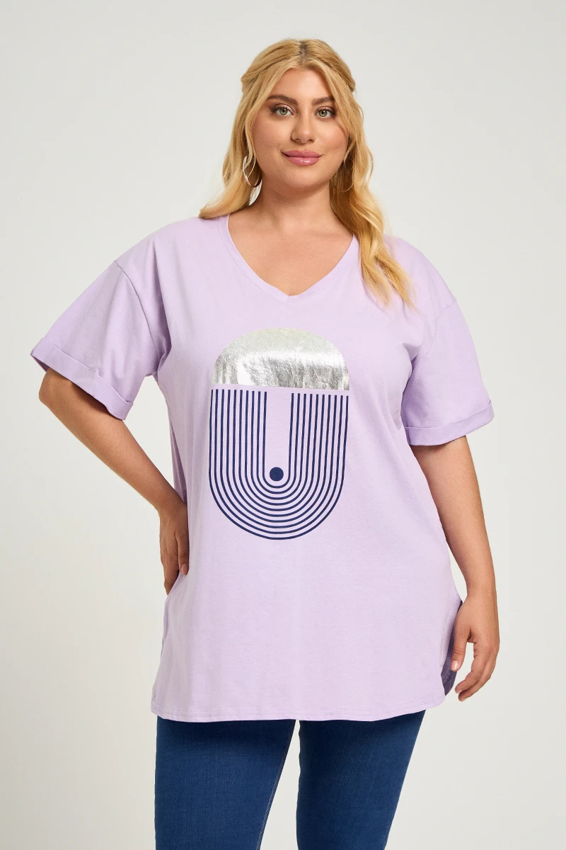 Λιλά Plus Size T-Shirt Με Στάμπα 