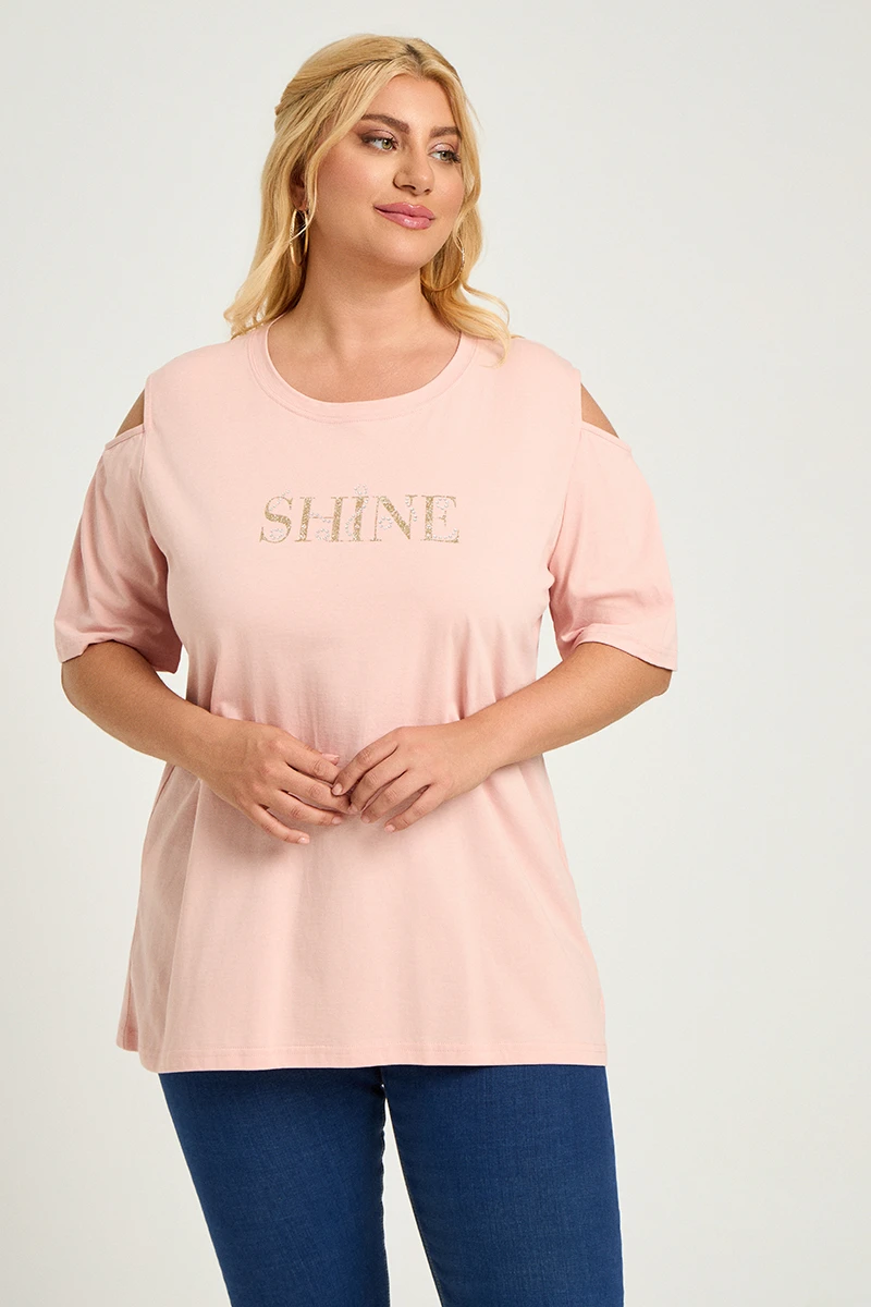 Σομόν T-Shirt “Shine” με Ανοιχτούς Ώμους
