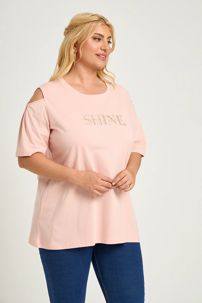 Σομόν T-Shirt “Shine” με Ανοιχτούς Ώμους