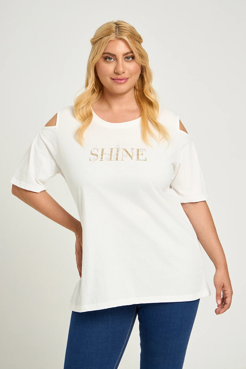 Λευκό T-Shirt “Shine” με Ανοιχτούς Ώμους