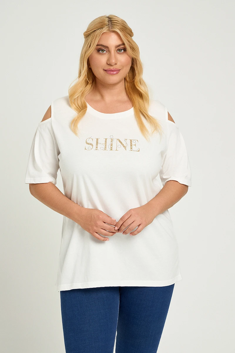 Λευκό T-Shirt “Shine” με Ανοιχτούς Ώμους