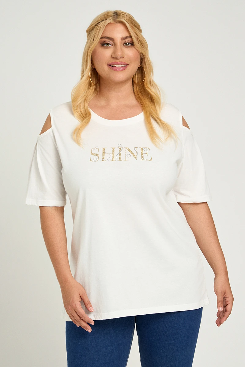Λευκό T-Shirt “Shine” με Ανοιχτούς Ώμους