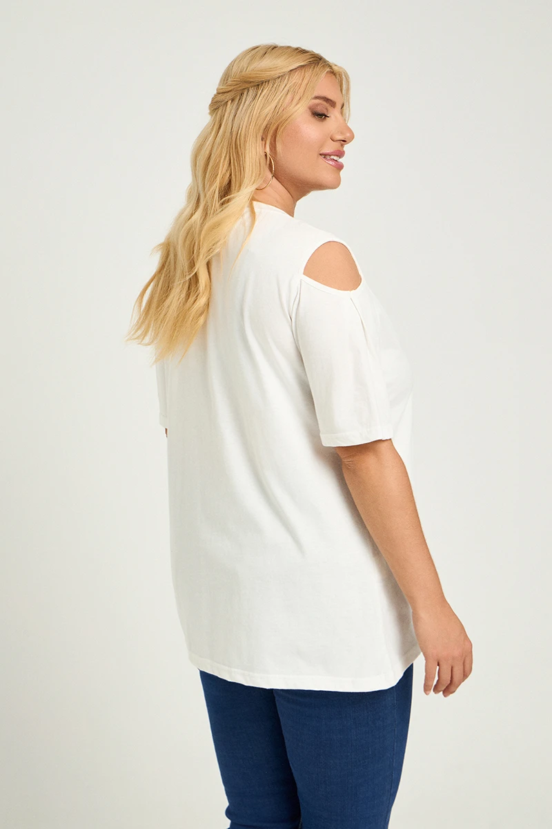 Λευκό T-Shirt “Shine” με Ανοιχτούς Ώμους