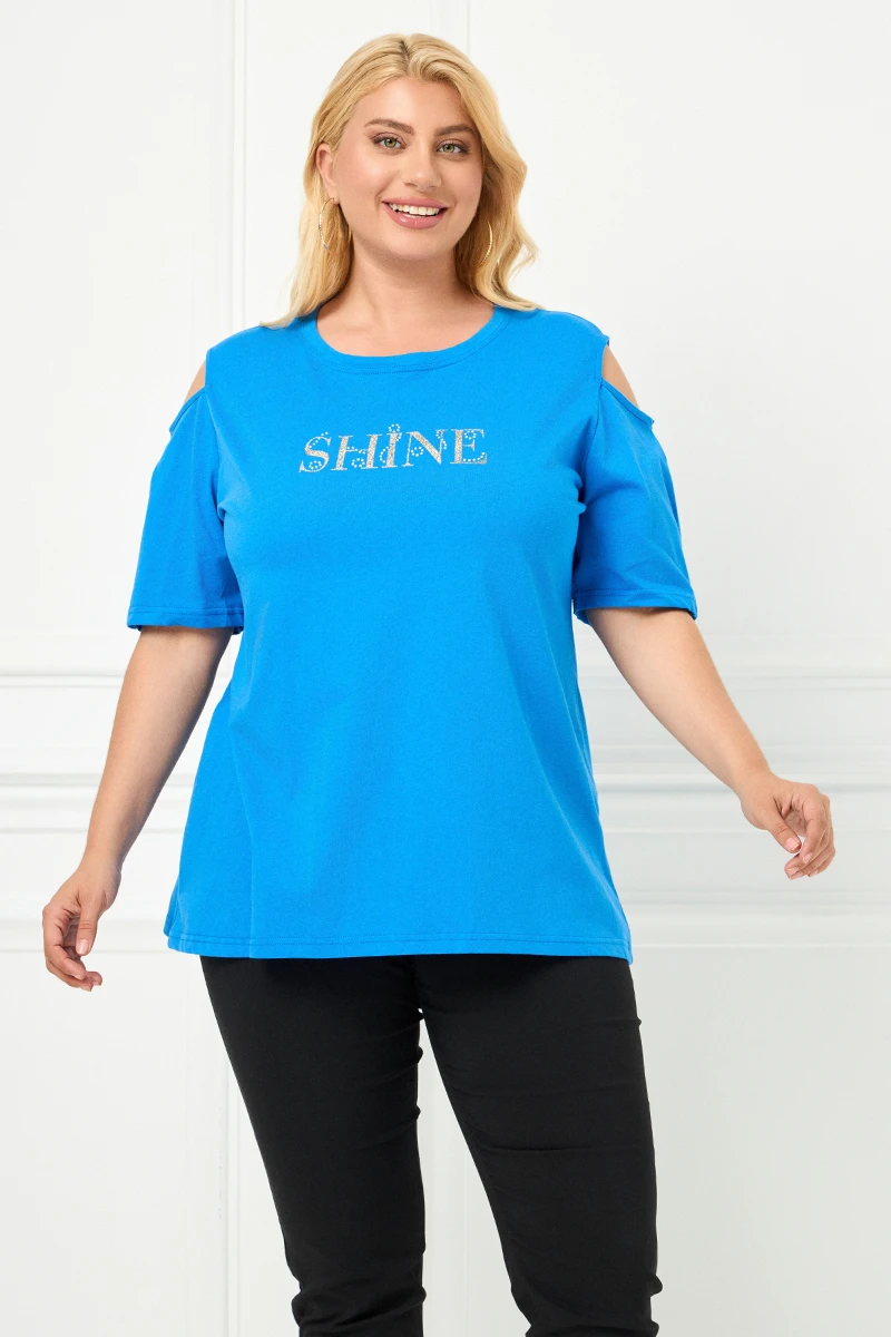 Μπλε T-Shirt “Shine” με Ανοιχτούς Ώμους