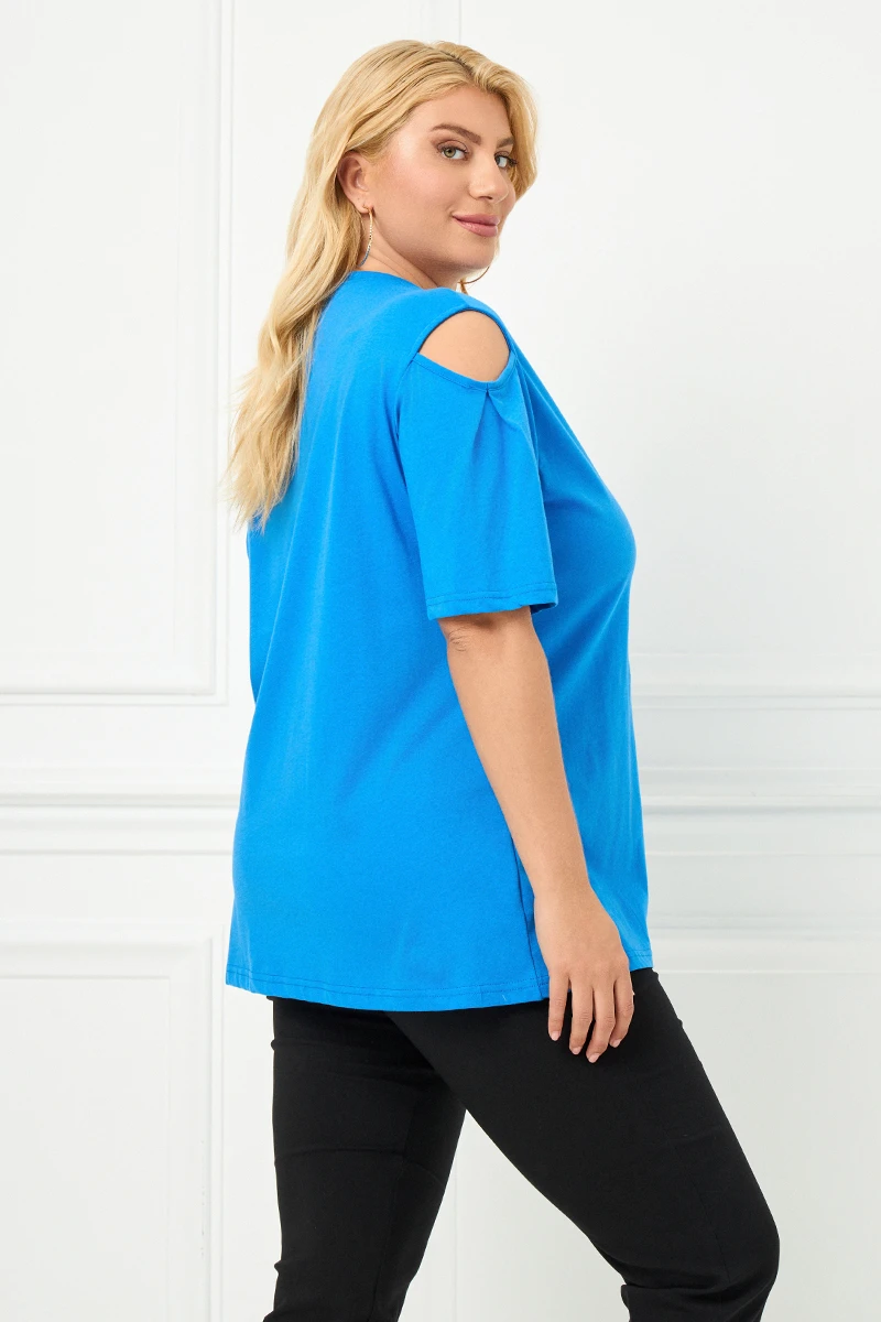 Μπλε T-Shirt “Shine” με Ανοιχτούς Ώμους