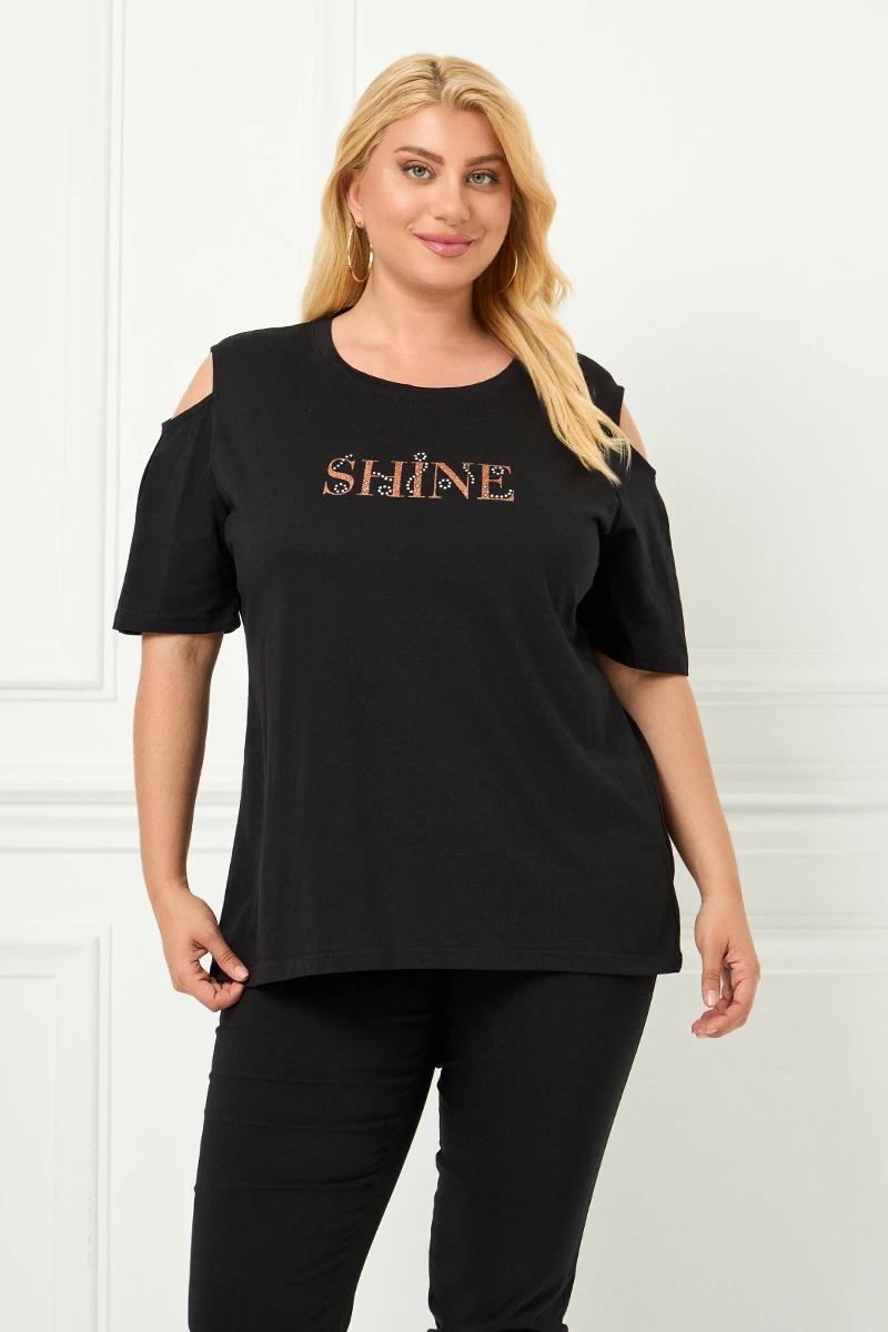 Μαύρο T-Shirt “Shine” με Ανοιχτούς Ώμους