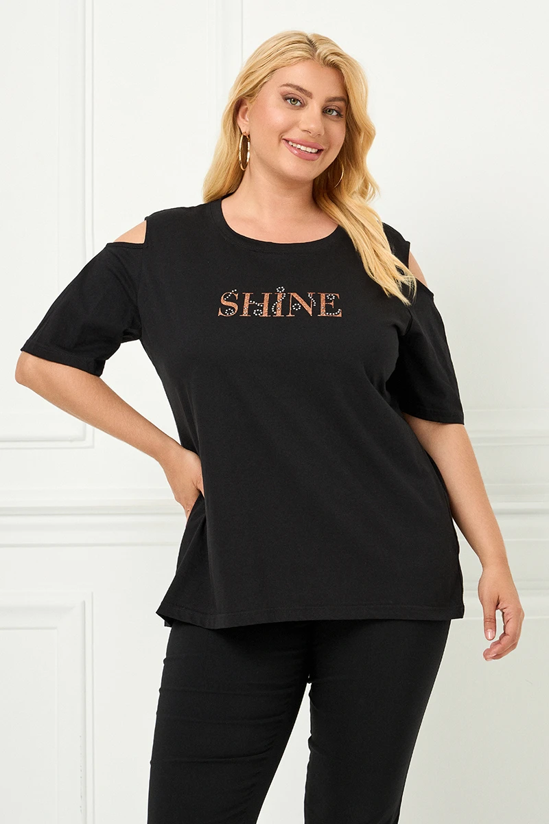 Μαύρο T-Shirt “Shine” με Ανοιχτούς Ώμους
