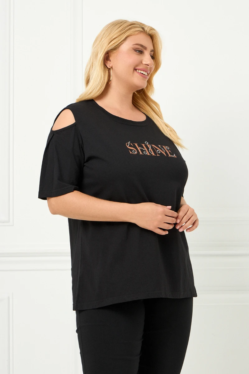 Μαύρο T-Shirt “Shine” με Ανοιχτούς Ώμους