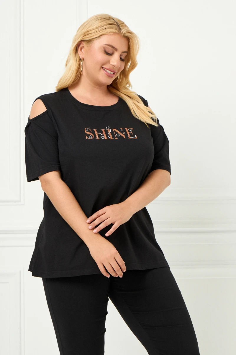 Μαύρο T-Shirt “Shine” με Ανοιχτούς Ώμους