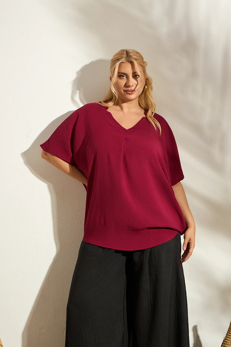 Plus Size Μπλούζα σε Φαρδιά Γραμμή Μπορντό