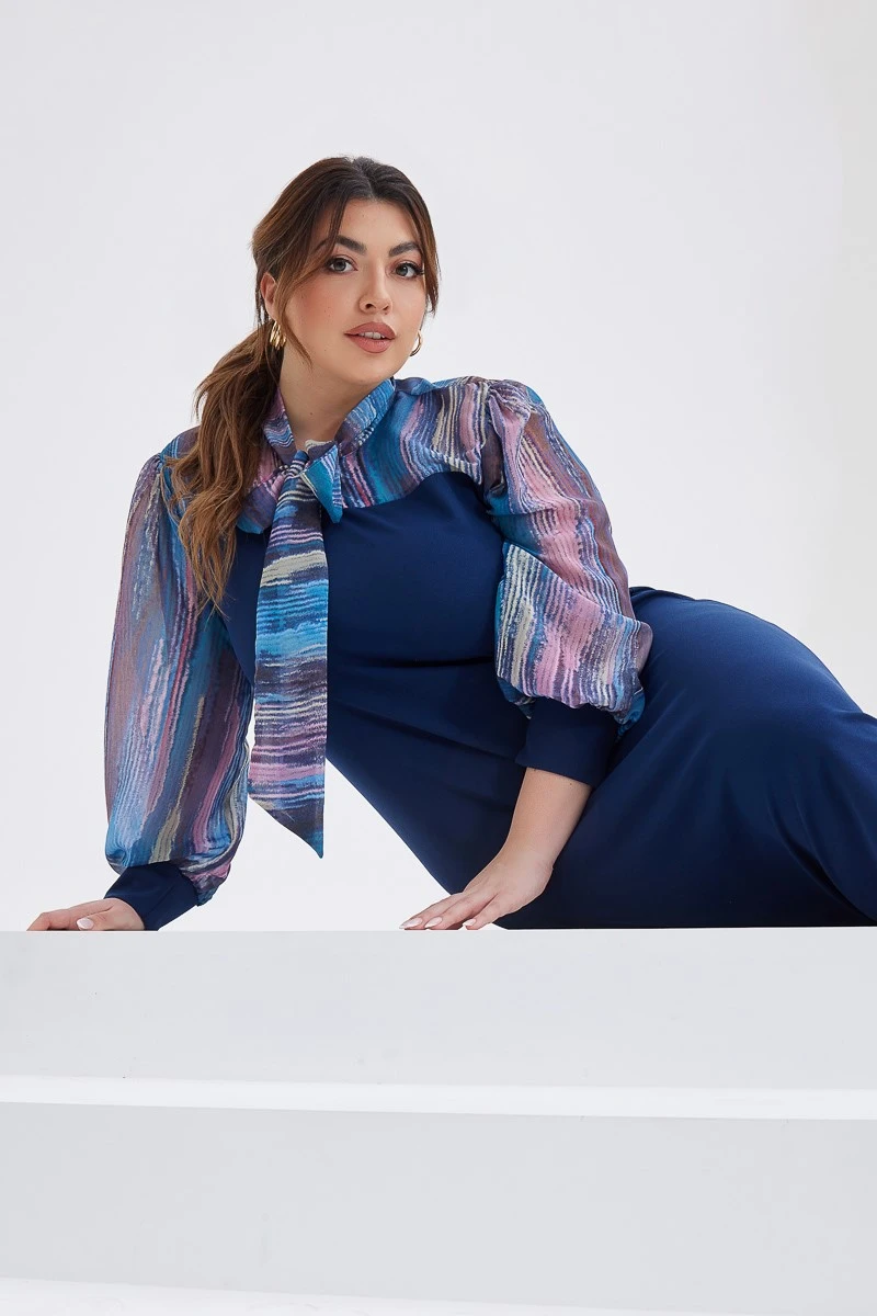 Ελαστικό Μπλε Φόρεμα Με Μουσελίνα