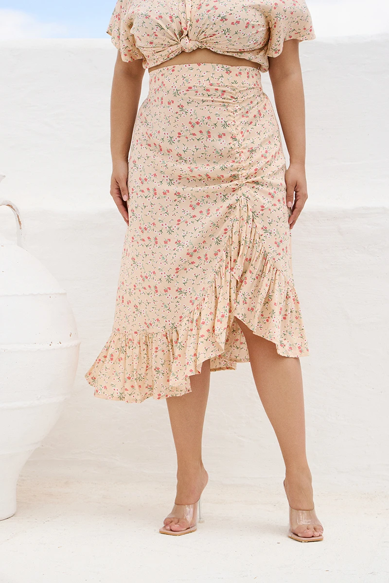 Φούστα Midi με Βολάν και Σούρα Floral