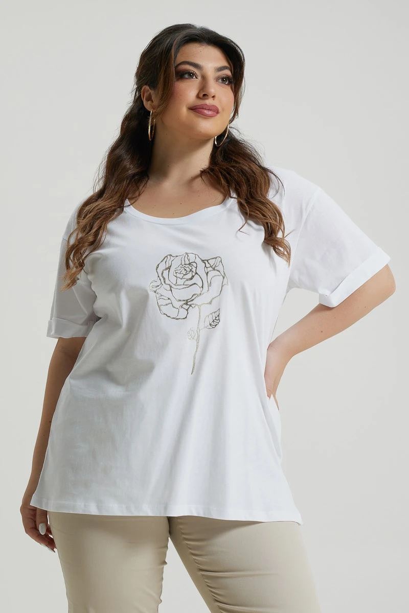 T-Shirt Με Στάμπα Τριαντάφυλλο Λευκή 