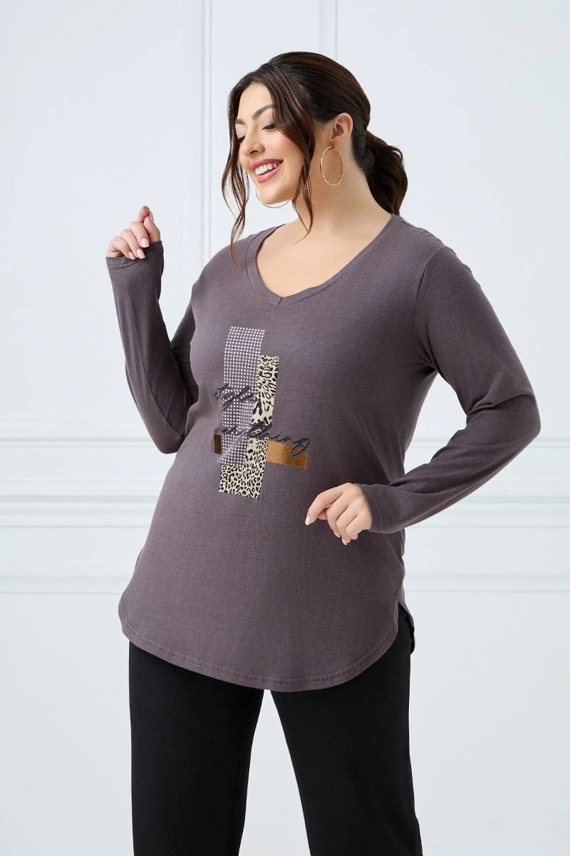 Μακρυμάνικο T-Shirt Με Στάμπα Γκρι  Μακρυμάνικο T-Shirt Με Στάμπα Γκρι