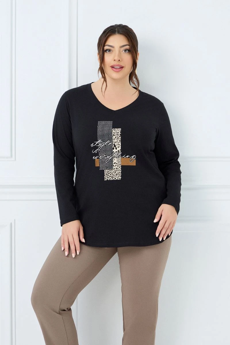Μακρυμάνικο T-Shirt Με Στάμπα Μαύρο  Μακρυμάνικο T-Shirt Με Στάμπα Μαύρο