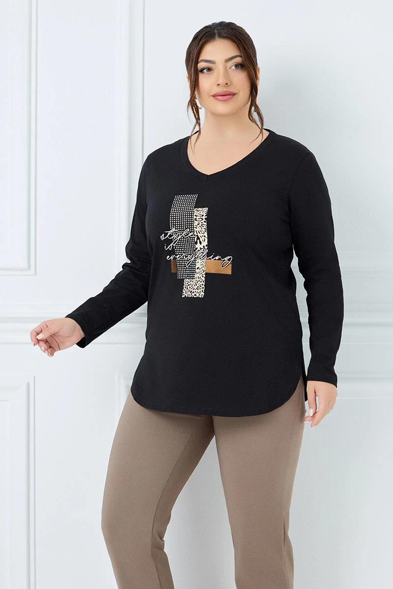 Μακρυμάνικο T-Shirt Με Στάμπα Μαύρο 