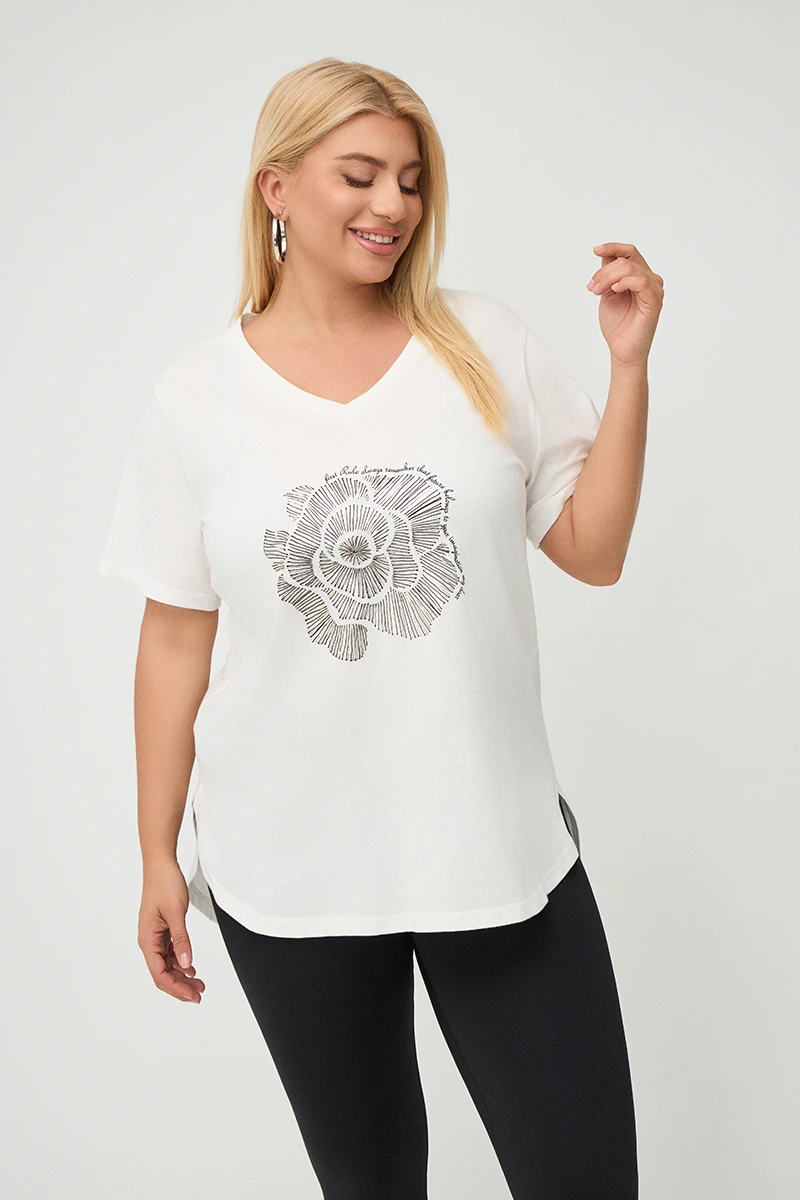 Λευκό Plus Size Rose T-Shirt 