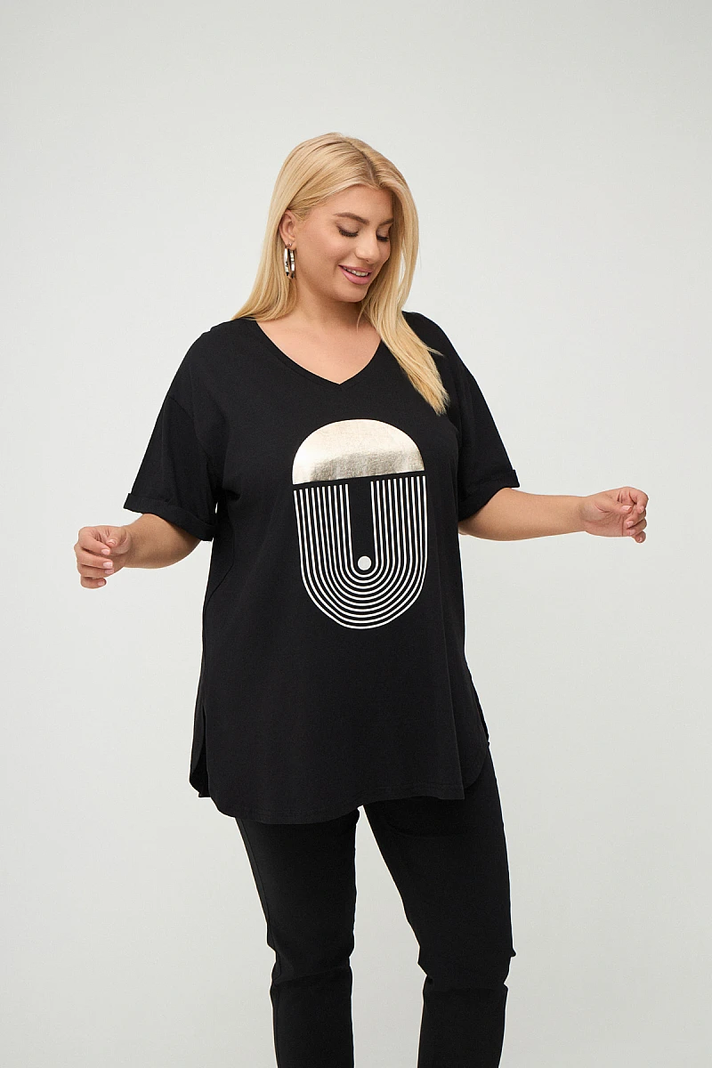Μαύρο Plus Size T-Shirt Με Στάμπα 