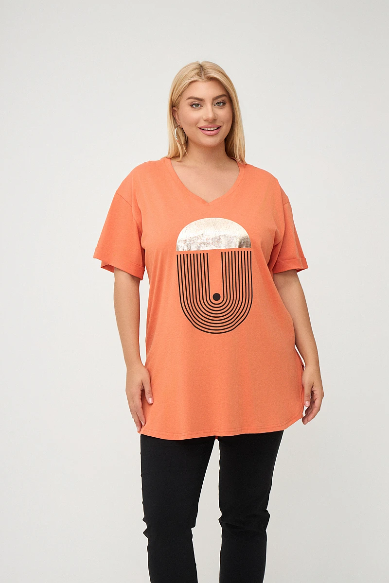 Πορτοκαλί Plus Size T-Shirt Με Στάμπα 