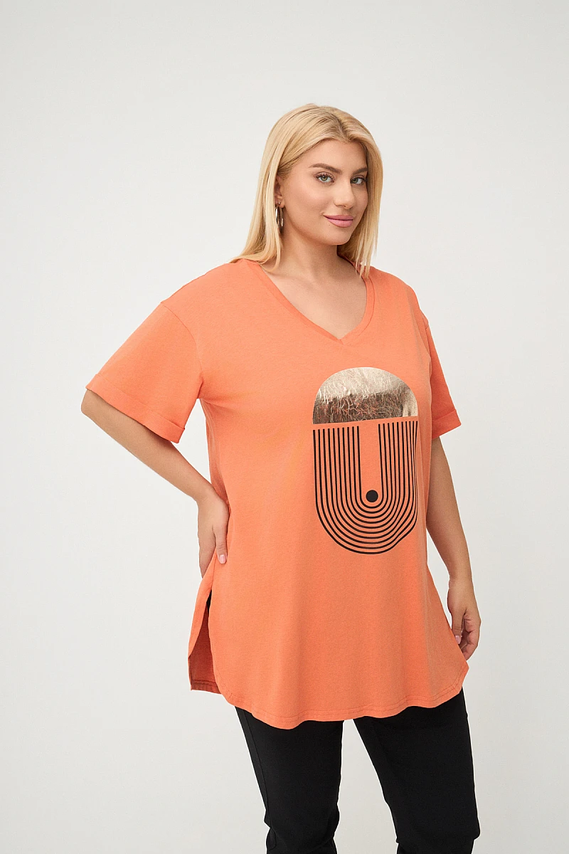 Πορτοκαλί Plus Size T-Shirt Με Στάμπα 