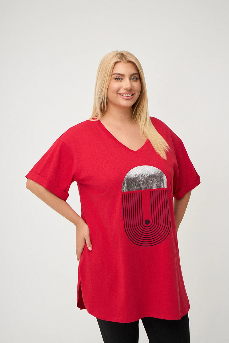 Κόκκινο Plus Size T-Shirt Με Στάμπα 