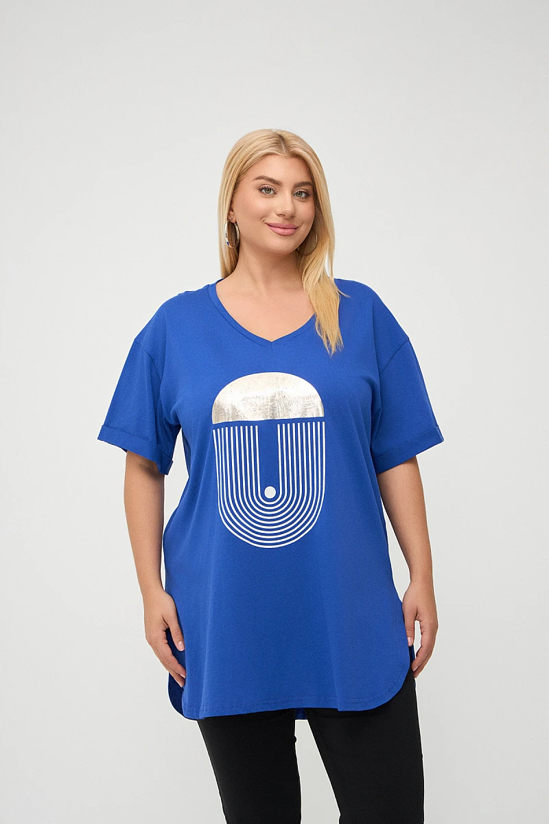 Plus Size T-Shirt Με Στάμπα Μπλε