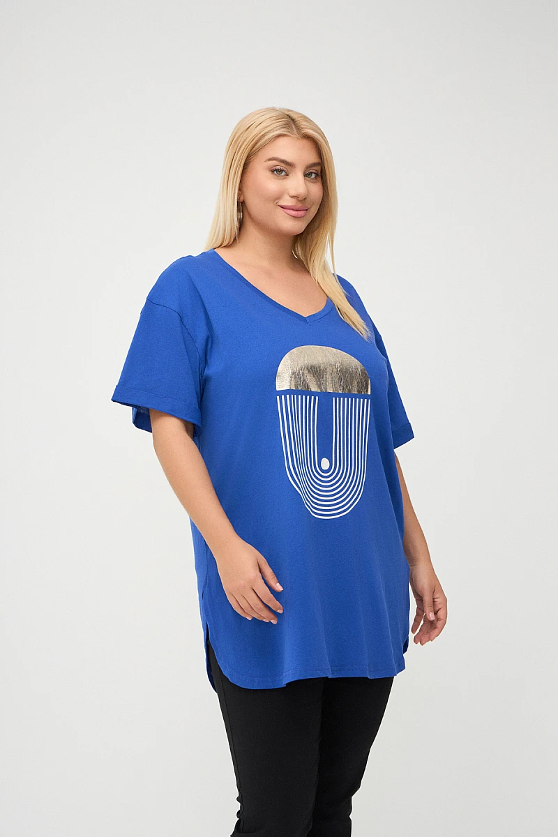 Plus Size T-Shirt Με Στάμπα Μπλε