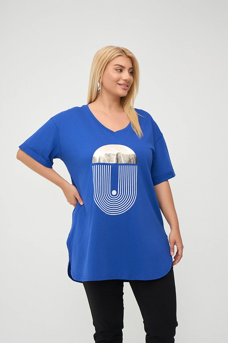 Plus Size T-Shirt Με Στάμπα Μπλε