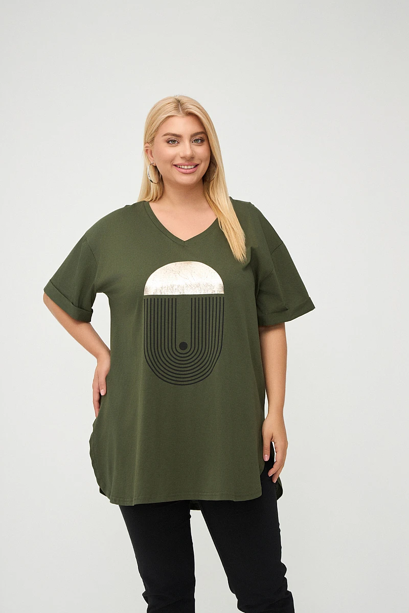 Χακί Plus Size T-Shirt Με Στάμπα 