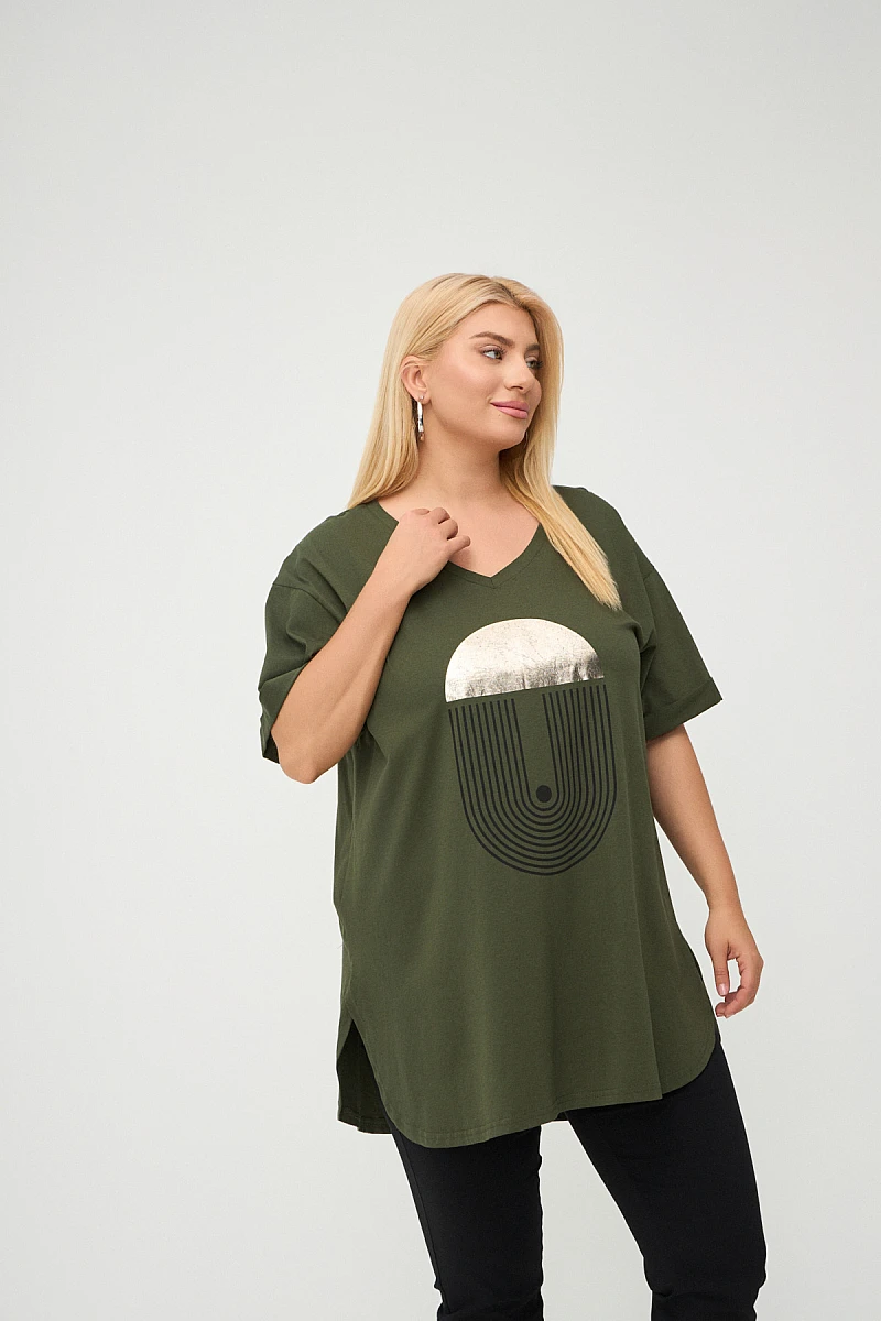 Χακί Plus Size T-Shirt Με Στάμπα 