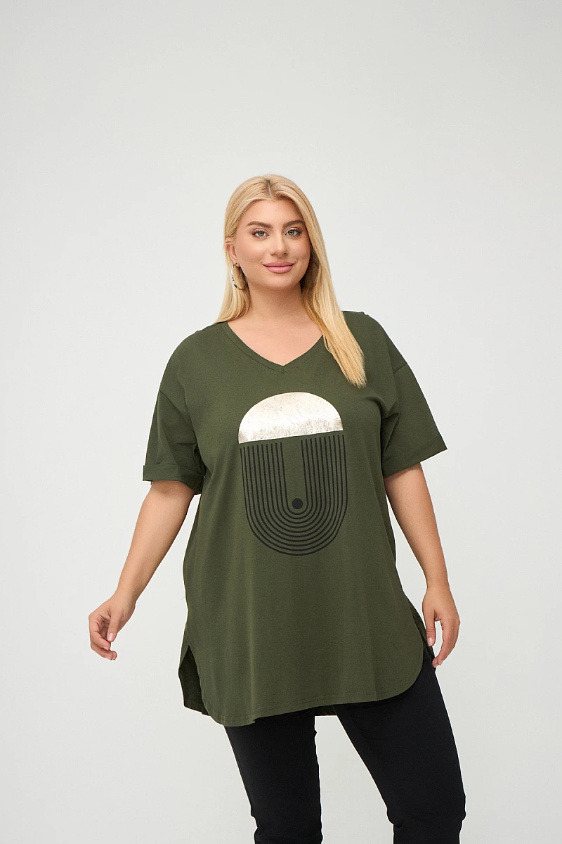 Χακί Plus Size T-Shirt Με Στάμπα 