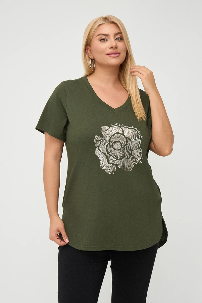 Plus Size Rose T-Shirt Χακί