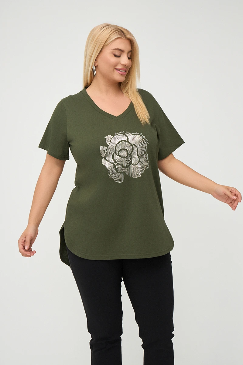 Plus Size Rose T-Shirt Χακί