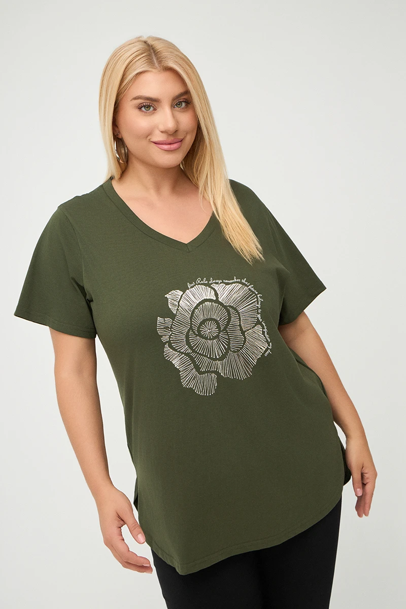 Plus Size Rose T-Shirt Χακί