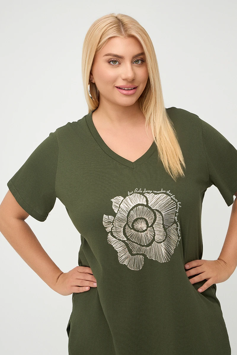 Plus Size Rose T-Shirt Χακί