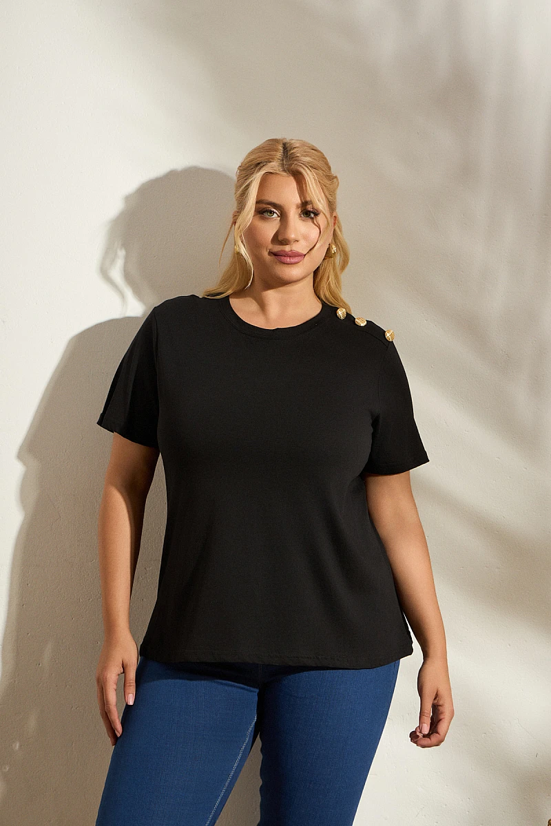 Μαύρο  T-Shirt με Χρυσά Κουμπιά
