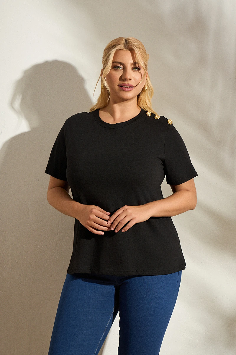 Μαύρο  T-Shirt με Χρυσά Κουμπιά