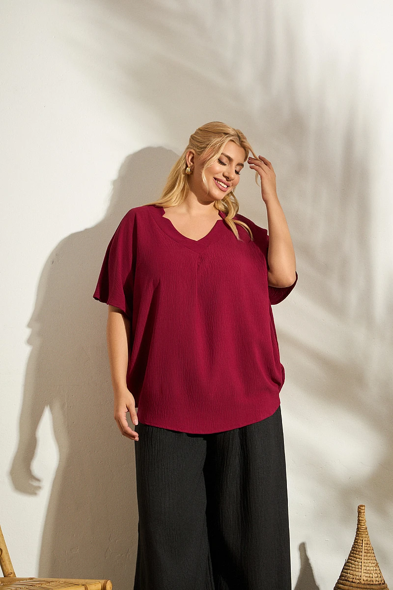 Plus Size Μπλούζα σε Φαρδιά Γραμμή Μπορντό