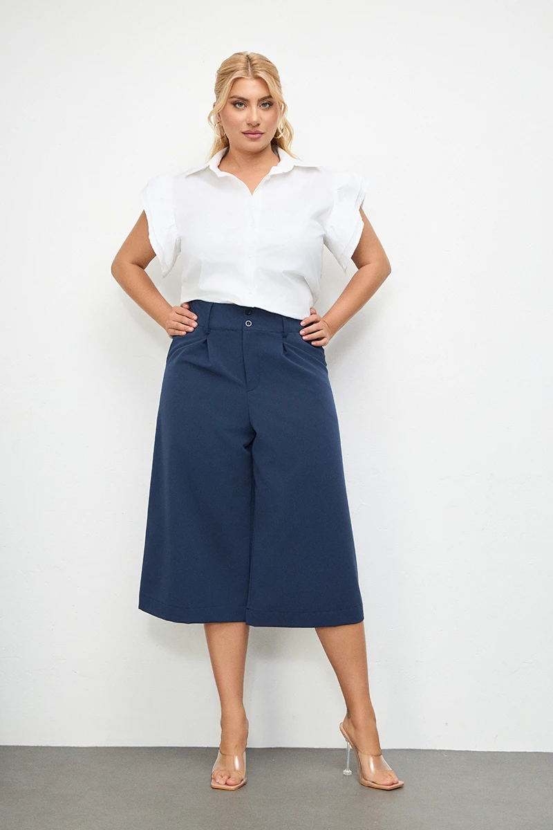 Ψηλόμεσο Παντελόνι Culotte με Πιέτες Navy