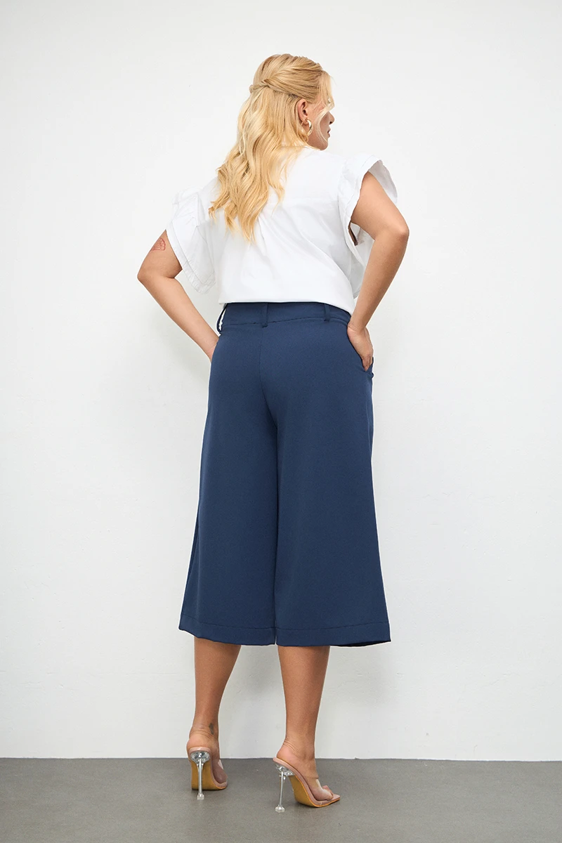 Ψηλόμεσο Παντελόνι Culotte με Πιέτες Navy
