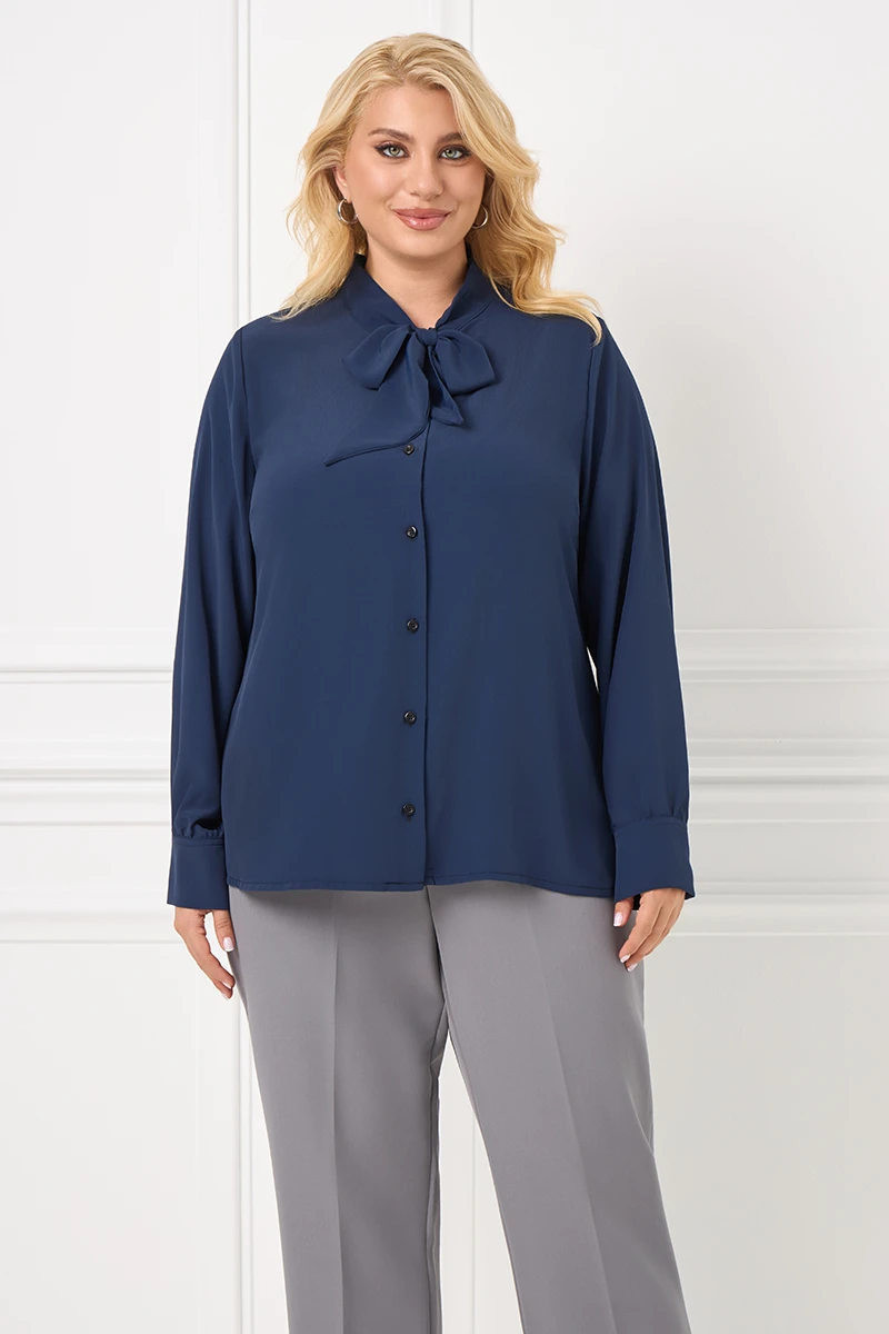 Πουκάμισο Plus Size Με Φιόγκο Μπλε